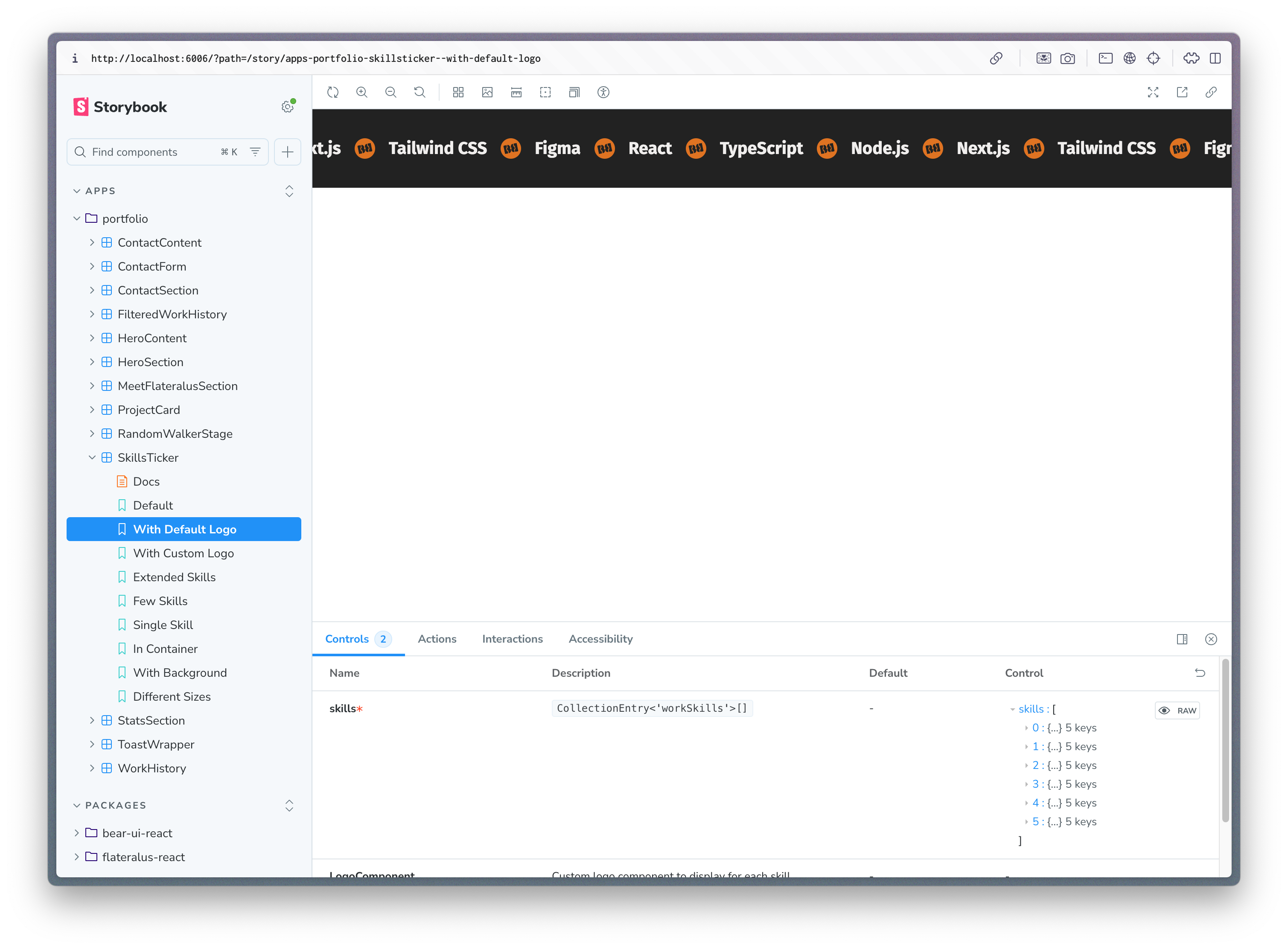 Storybook interface showing component documentation and preview