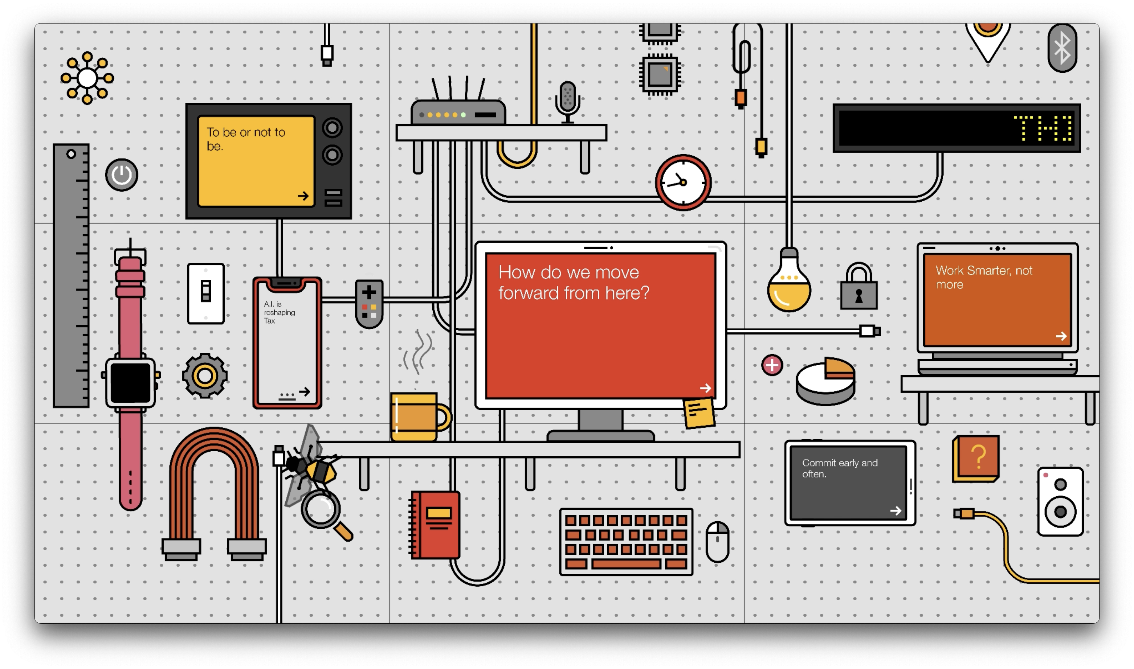 A screenshot of the PwC Learning Zone mode, a screen of cartoon buttons made to represent office items and supplies.
