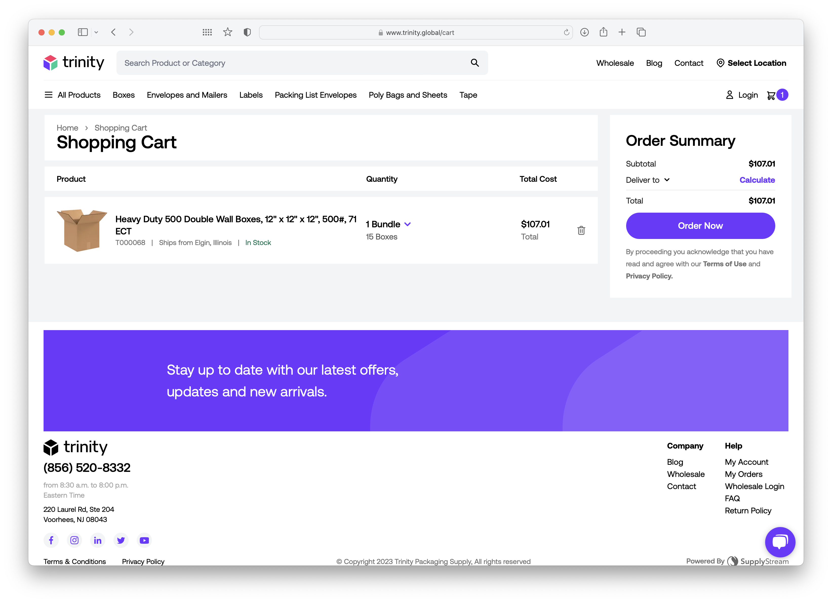 A screenshot of the SupplyStream e-commerce application's checkout page.